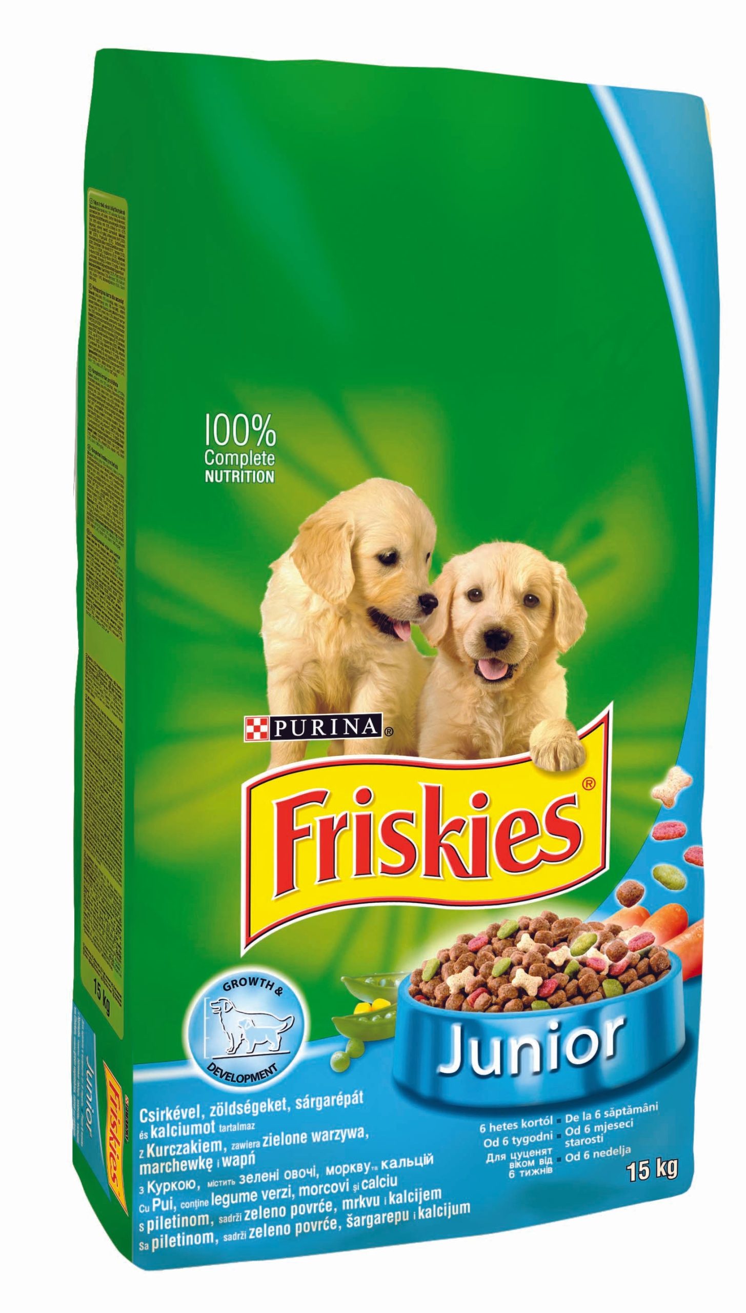 FRISKIES Hrană uscată pentru câini JUNIOR, cu Pui, Legume şi Morcovi