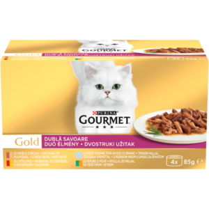 PURINA® GOURMET® GOLD Dublă Savoare, cu Vită și Pui, Rață și Curcan, Pește Oceanic și Spanac, Iepure și Ficat în sos, hrană umedă pentru pisici, 4x85 g