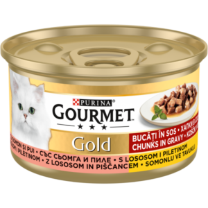 PURINA® GOURMET® GOLD, cu Somon și Pui, bucăți în sos, hrană umedă pentru pisici, 85 g