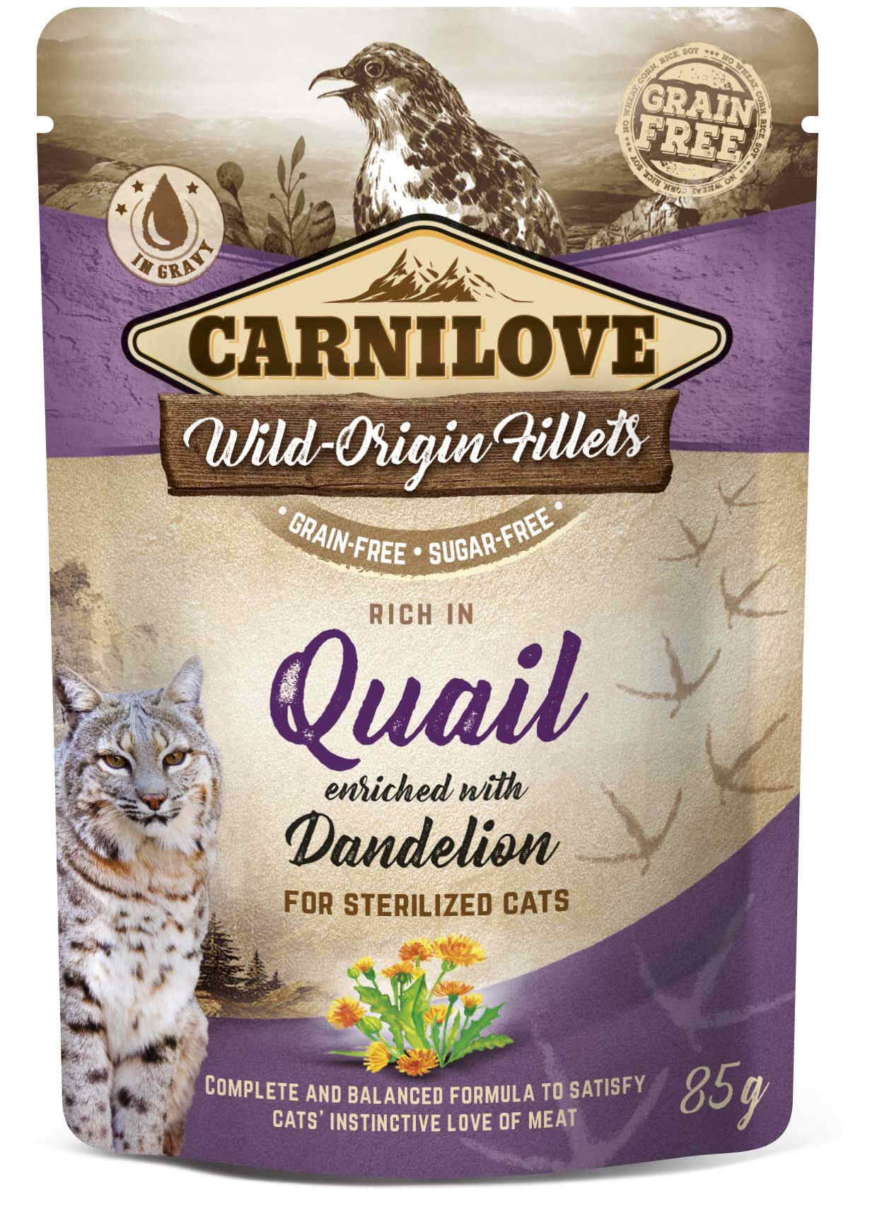 CARNILOVE Plic pentru pisici sterilizate, cu Prepeliţă şi păpădie 85g