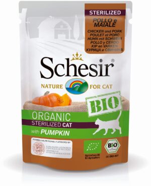 SCHESIR BIO Plic hrană umedă pentru pisici sterilizate, cu Pui/Porc/Dovleac 85g