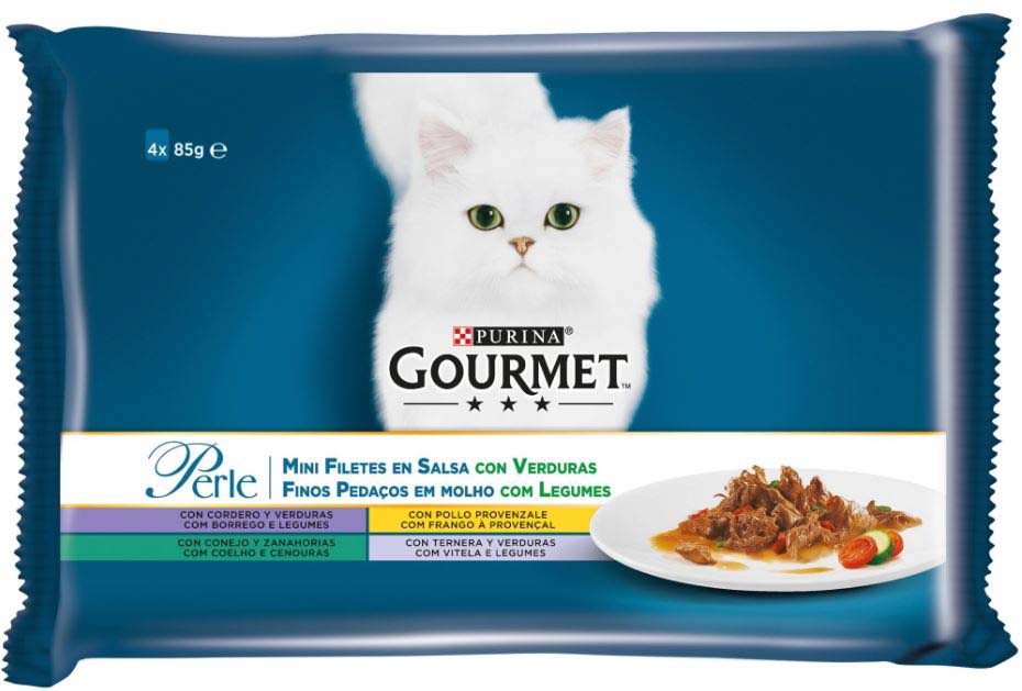 GOURMET Perle Pachet plicuri Miel, Pui, Viţel, Iepure cu Legume sos exotic 4x85g
