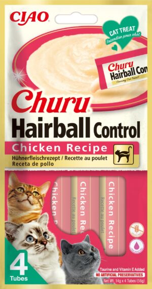 INABA CHURU Hairball Recompensă pt.pisici, Piure cu Pui, Pachet 4 plicuri x 14g
