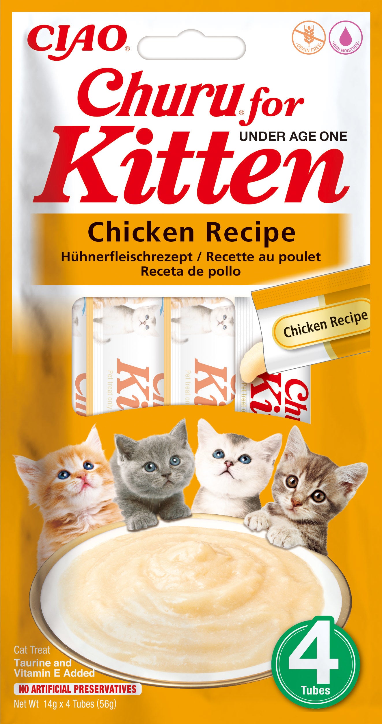 INABA CHURU KITTEN Recompensă pt.pisicuţe, Piure cu Pui, Pachet 4 plicuri x 14g