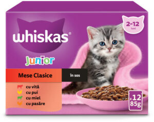 WHISKAS Classic JUNIOR Mix plicuri pisicuţe, Miel/Vită/Pui/Pasăre în sos 12x85g