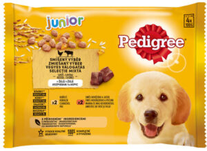 PEDIGREE Pachet plicuri JUNIOR, cu Pui, Vită şi Orez în Aspic 4x100g
