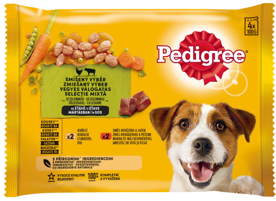 PEDIGREE Pachet plicuri pentru câini Adulţi, cu Pui, Vită şi Legume 4x100g