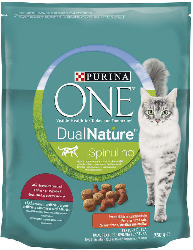 PURINA ONE DUAL NATURE Sterilized Hr uscată pt pisici sterilizate, cu Vită 750g