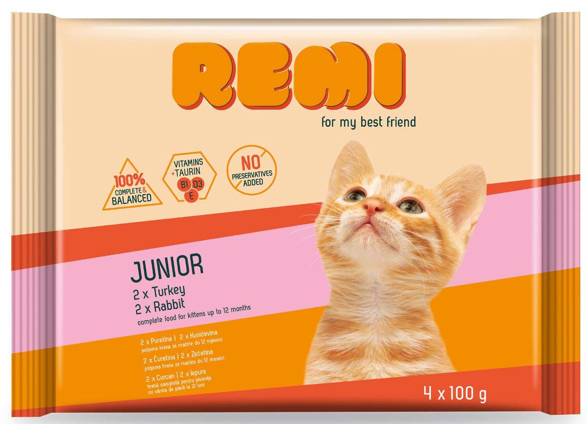 REMI KITTEN Pachet plicuri pentru pisicuţe, Curcan şi Iepure 4x100g