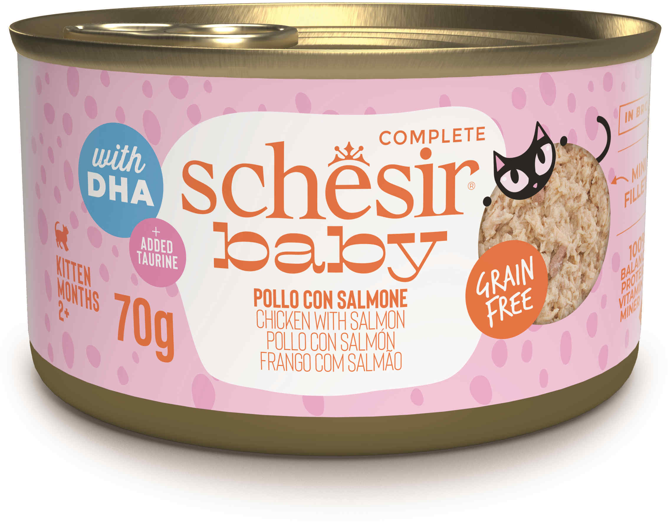 SCHESIR Baby Conservă pentru pisicuţe, Supă cu Pui şi Somon 70g