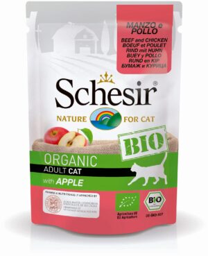 SCHESIR BIO Plic hrană umedă pentru pisici, cu Vită, Pui şi Măr 85g
