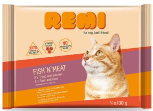 REMI Pachet plicuri pentru pisici adulte, cu Vită/Ficat, Păstrăv/Somon 4x100g