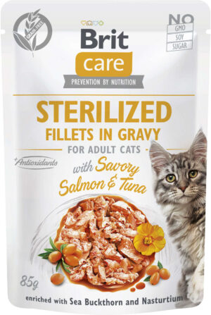 BRIT CARE Sterilized Plic pentru pisici sterilizate, File somon/ton în sos 85g